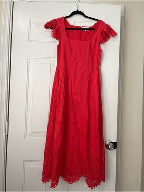 Cleobella Red Eyelet Midi Dress with Square Neckline